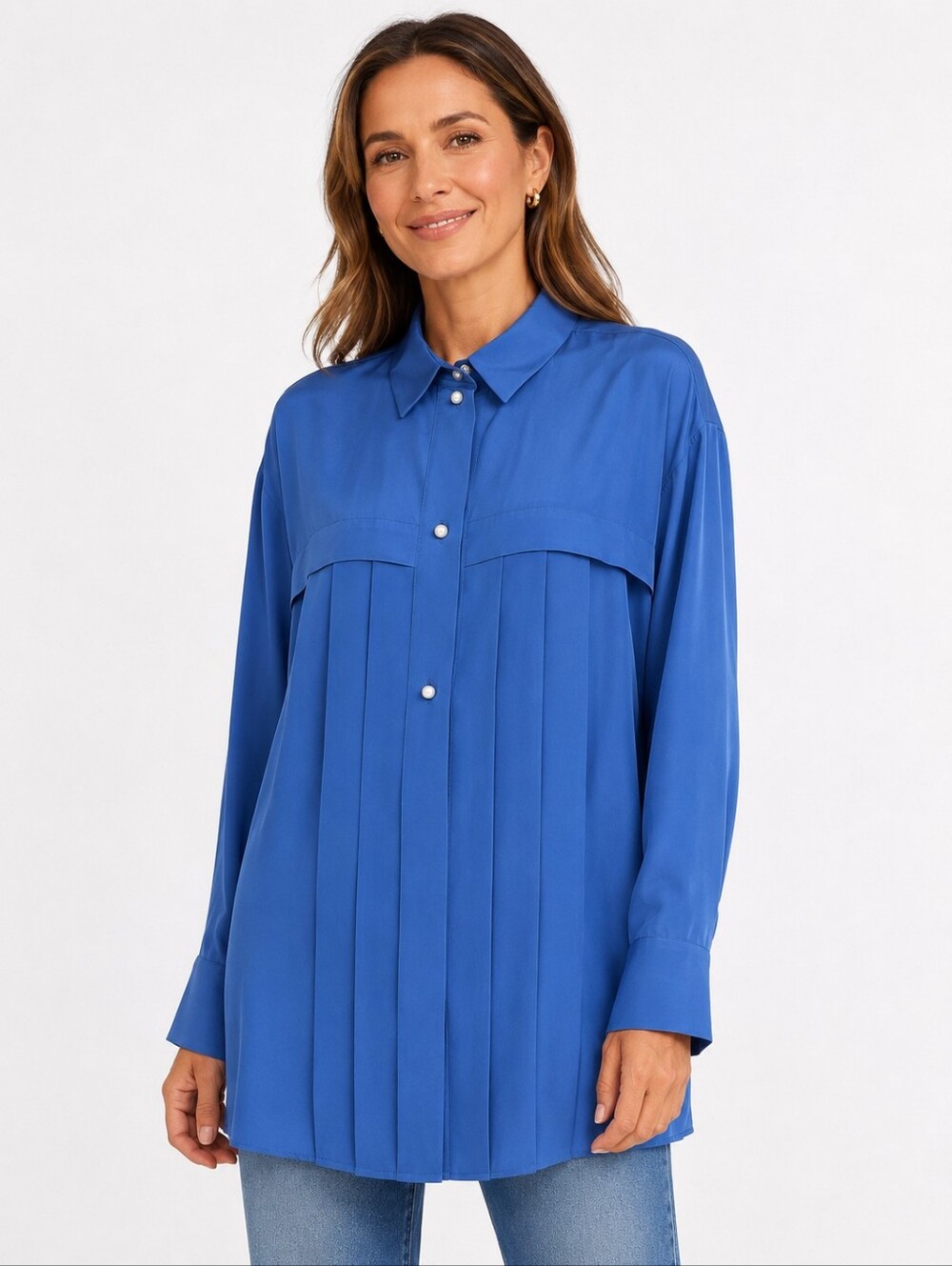 Chanel Blue Pleated Silk Shirt Pearl Buttons Size 46 US 10